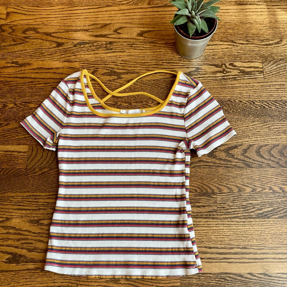 Short Sleeve Multi-Coloured Striped Tee with Criss-Cross Back. Size: Medium